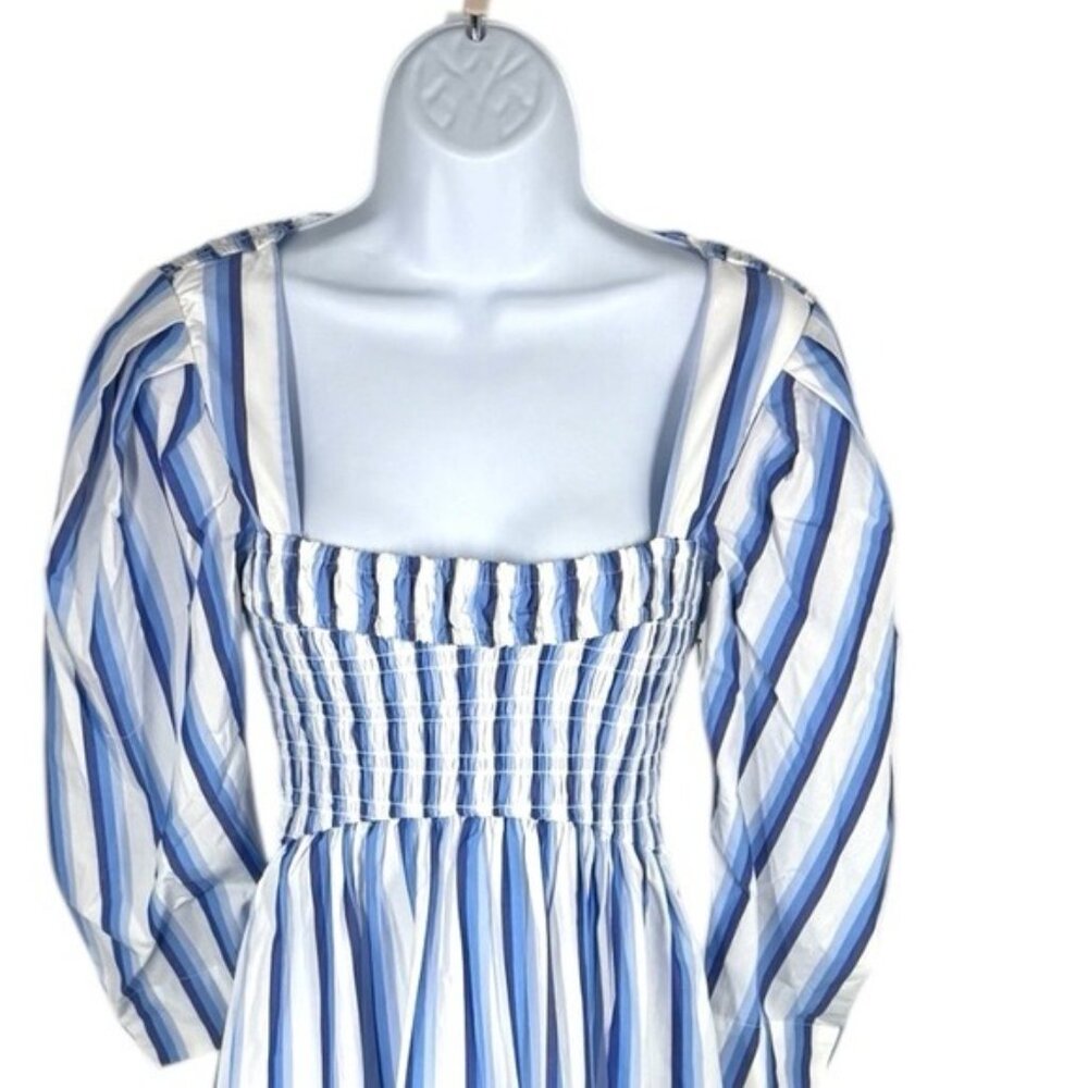 Coastal Blue Stripe Midi Dress Puff Sleeve Smocked Summer GANNI NWT - Picture 6 of 12
